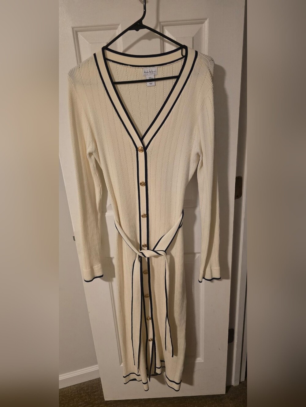 Nicole Miller Cream Knit Button-Front Dress with Navy Trim